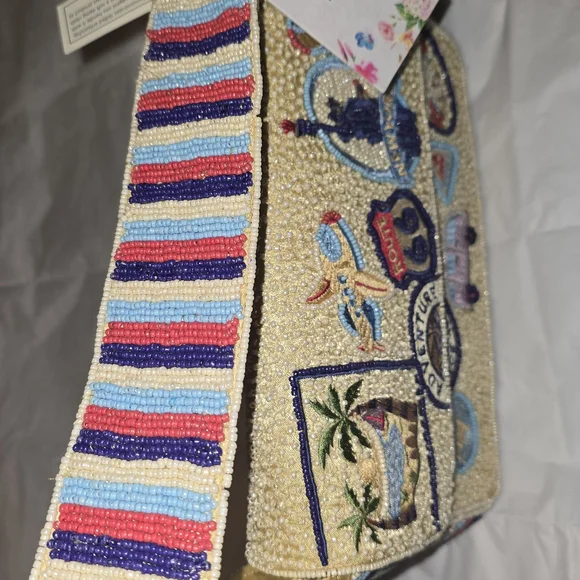 T.J.Maxx Beaded Beige Shoulder Bag with Colorful Travel Patches - Picture 3 of 4